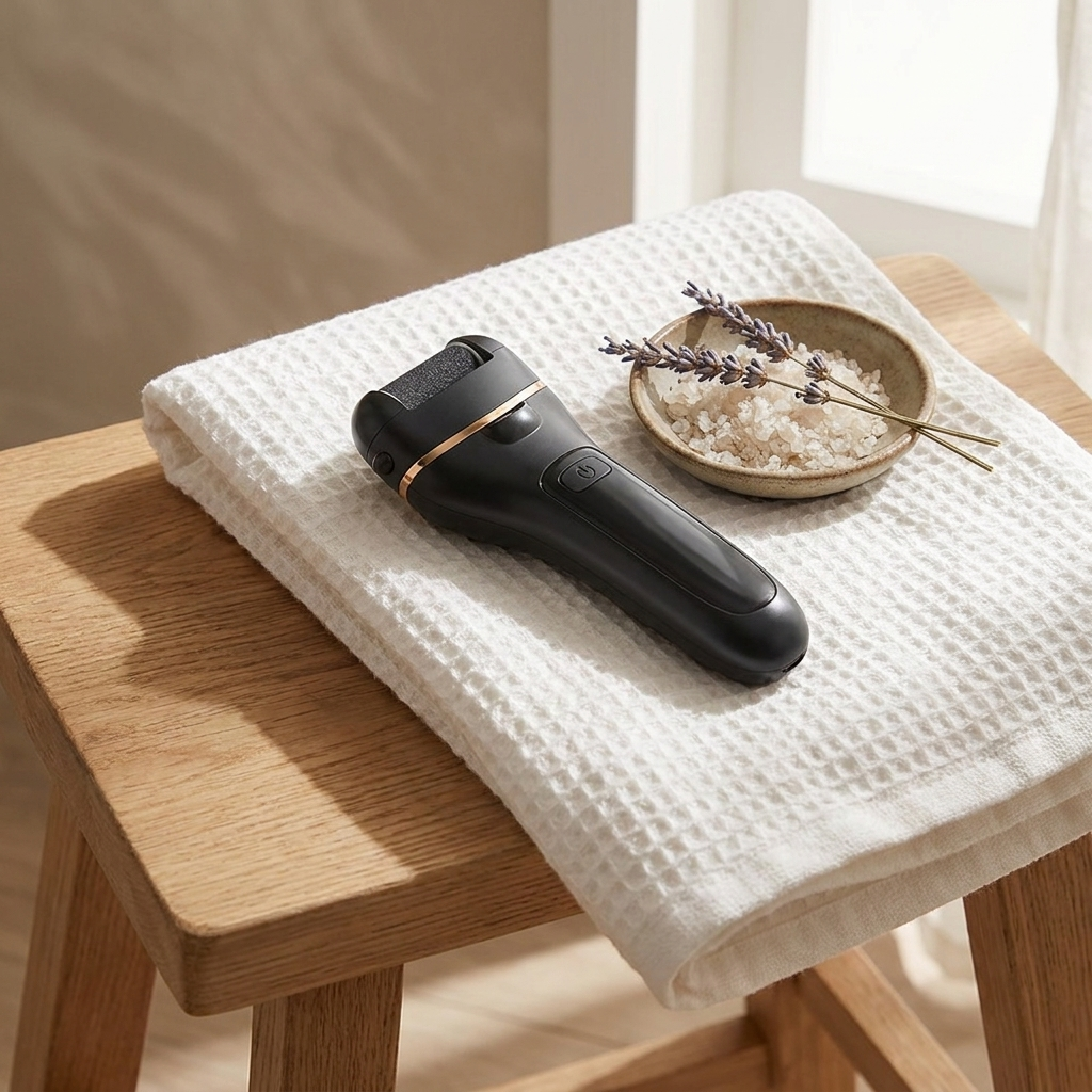 Muva foot smoother resting on a folded towel