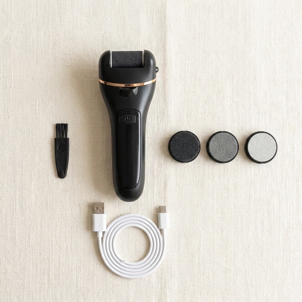 What is in the box: Muva device, three roller heads, USB cable and cleaning brush